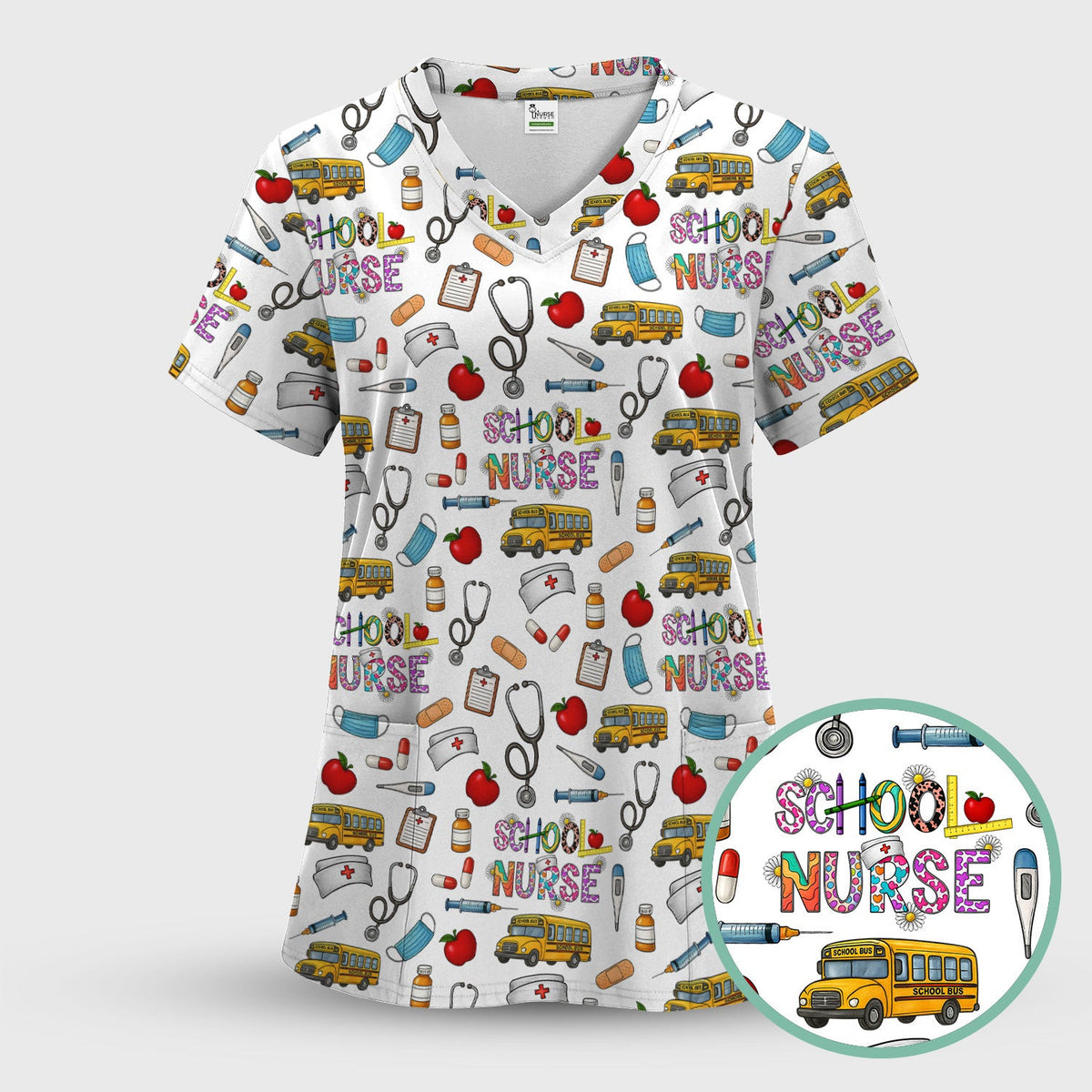 Cute School Nurse Scrub Top - Funny School Bus & Stethoscope Pattern Design - Gift for Women RN LPN