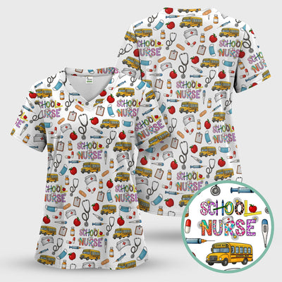 Cute School Nurse Scrub Top - Funny School Bus & Stethoscope Pattern Design - Gift for Women RN LPN