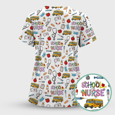 Cute School Nurse Scrub Top - Funny School Bus & Stethoscope Pattern Design - Gift for Women RN LPN