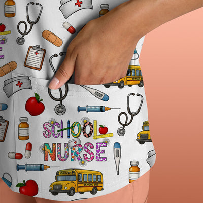 Cute School Nurse Scrub Top - Funny School Bus & Stethoscope Pattern Design - Gift for Women RN LPN