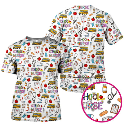 Cute School Nurse Scrub Top - Funny School Bus & Stethoscope Pattern Design - Gift for Women RN LPN