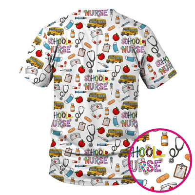 Cute School Nurse Scrub Top - Funny School Bus & Stethoscope Pattern Design - Gift for Women RN LPN