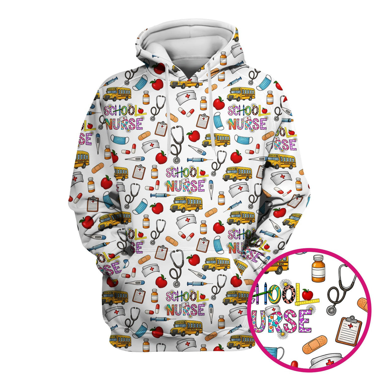 Cute School Nurse Scrub Top - Funny School Bus & Stethoscope Pattern Design - Gift for Women RN LPN