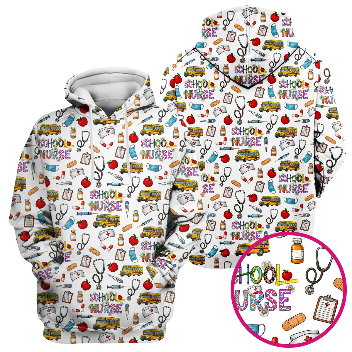 Cute School Nurse Scrub Top - Funny School Bus & Stethoscope Pattern Design - Gift for Women RN LPN