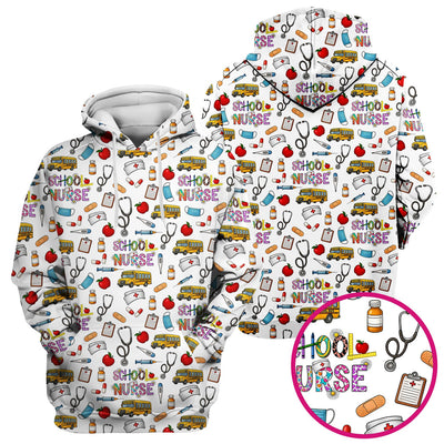 Cute School Nurse Scrub Top - Funny School Bus & Stethoscope Pattern Design - Gift for Women RN LPN