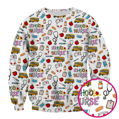 Cute School Nurse Scrub Top - Funny School Bus & Stethoscope Pattern Design - Gift for Women RN LPN