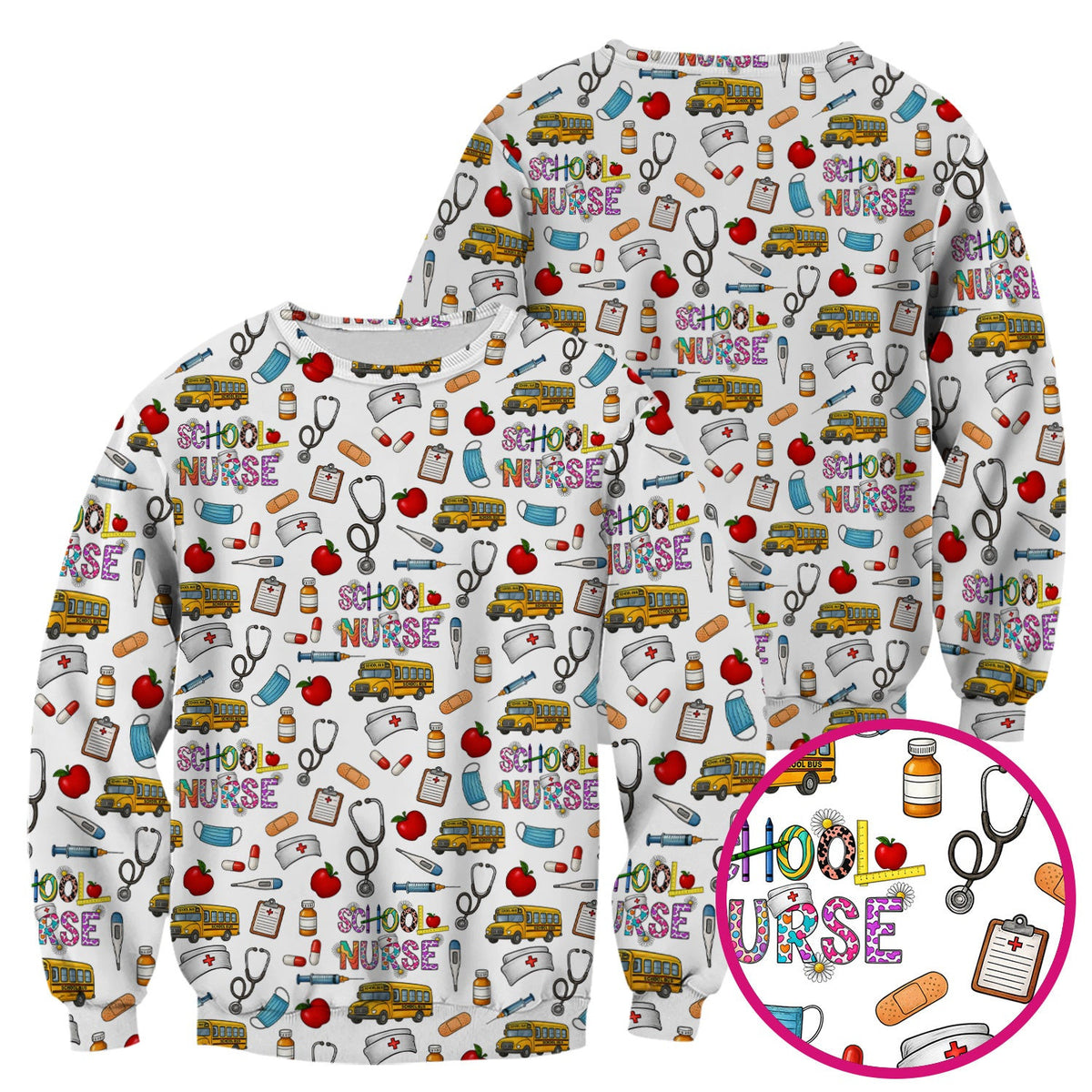 Cute School Nurse Scrub Top - Funny School Bus & Stethoscope Pattern Design - Gift for Women RN LPN