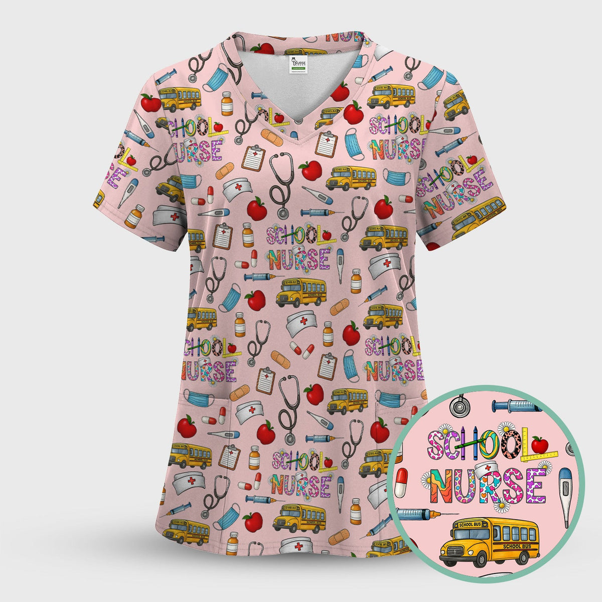 Cute School Nurse Scrub Top - Funny School Bus & Stethoscope Pattern Design - Gift for Women RN LPN