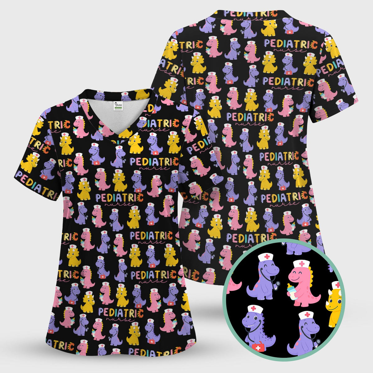Personalized Cute Pediatric Nurse Scrub Top - Funny Dinosaur Pattern Design - Multiple Color Options Gift for Women PEDS RN LPN
