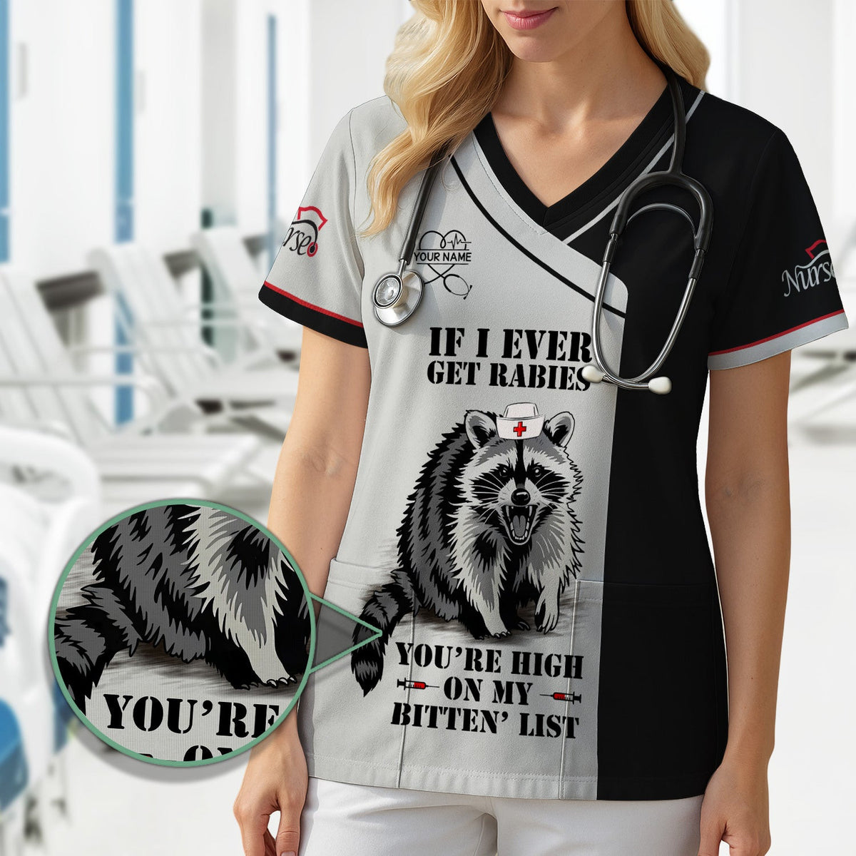 Personalized Funny Nurse Scrub Top with Raccoon - You're High On My Bitten List - Gift for RN LPN CNA Women