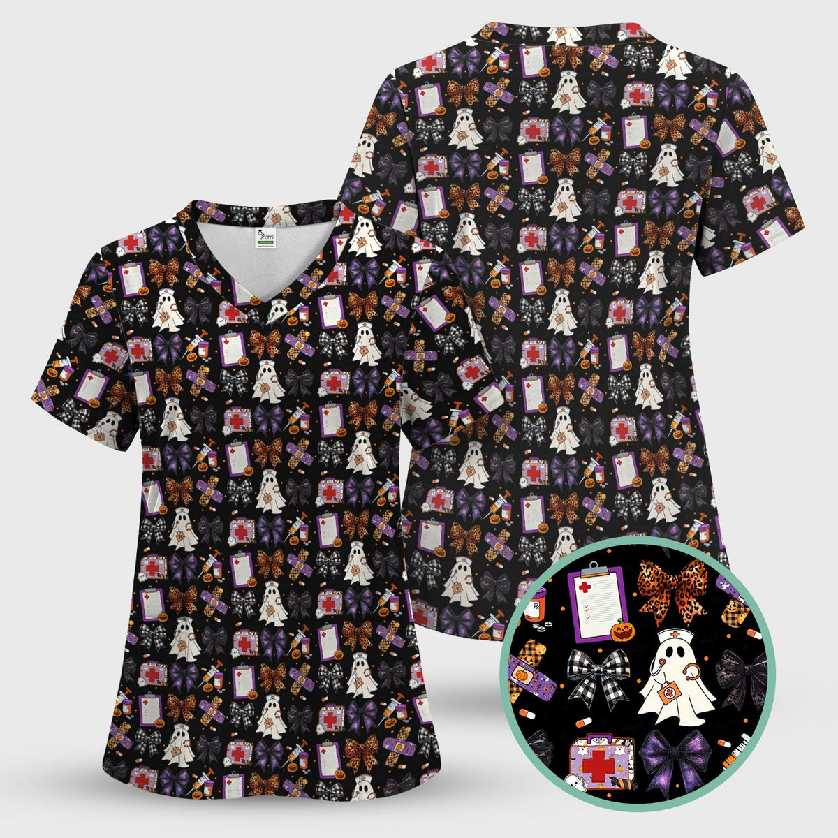 Funny Nurse Halloween Scrub Top - Cute Ghost Nurse & Leopard Bow Pattern - Multiple Color Options Gift for Women RN LPN & Healthcare Workers