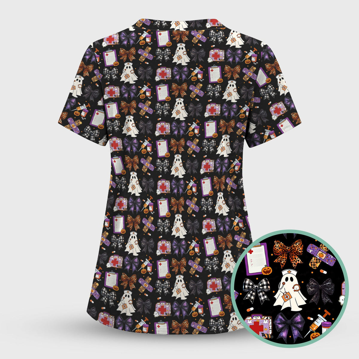 Funny Nurse Halloween Scrub Top - Cute Ghost Nurse & Leopard Bow Pattern - Multiple Color Options Gift for Women RN LPN & Healthcare Workers