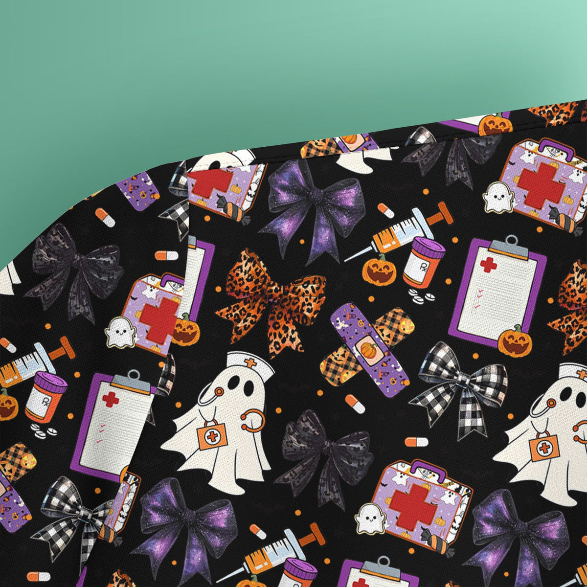 Funny Nurse Halloween Scrub Top - Cute Ghost Nurse & Leopard Bow Pattern - Multiple Color Options Gift for Women RN LPN & Healthcare Workers