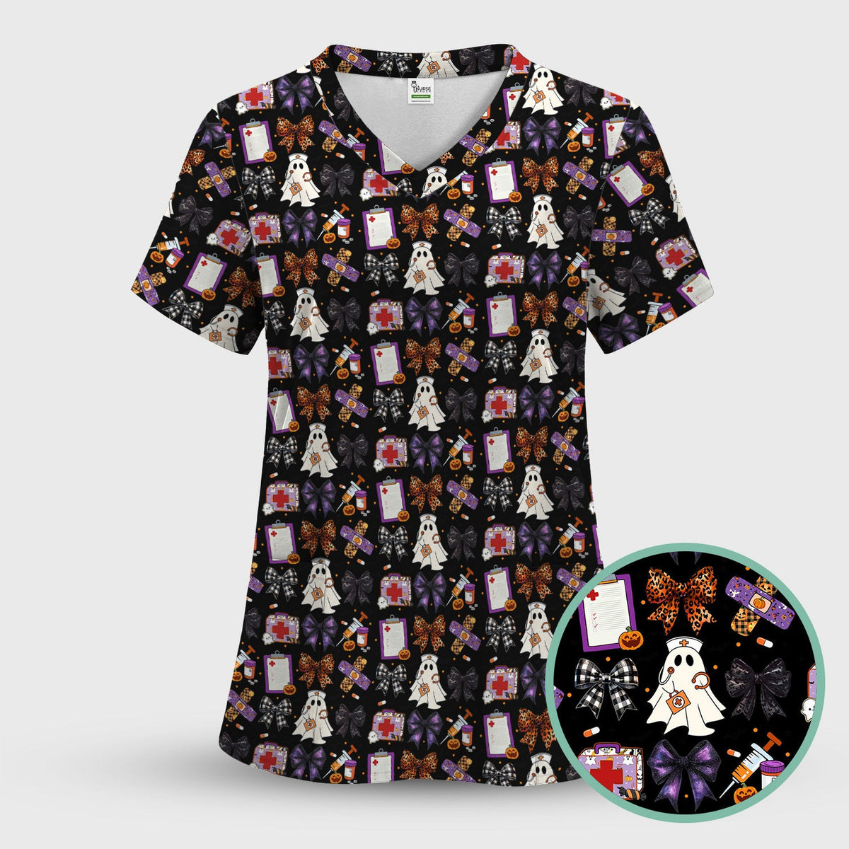 Funny Nurse Halloween Scrub Top - Cute Ghost Nurse & Leopard Bow Pattern - Multiple Color Options Gift for Women RN LPN & Healthcare Workers