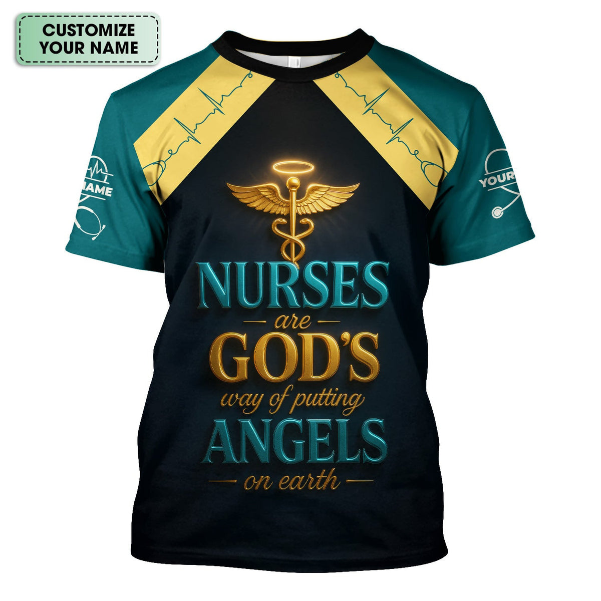 Custom Faith Nurse Angel Scrub - Golden Caduceus & Heartbeat Graphic Design - Gift for Women RN LPN CNA