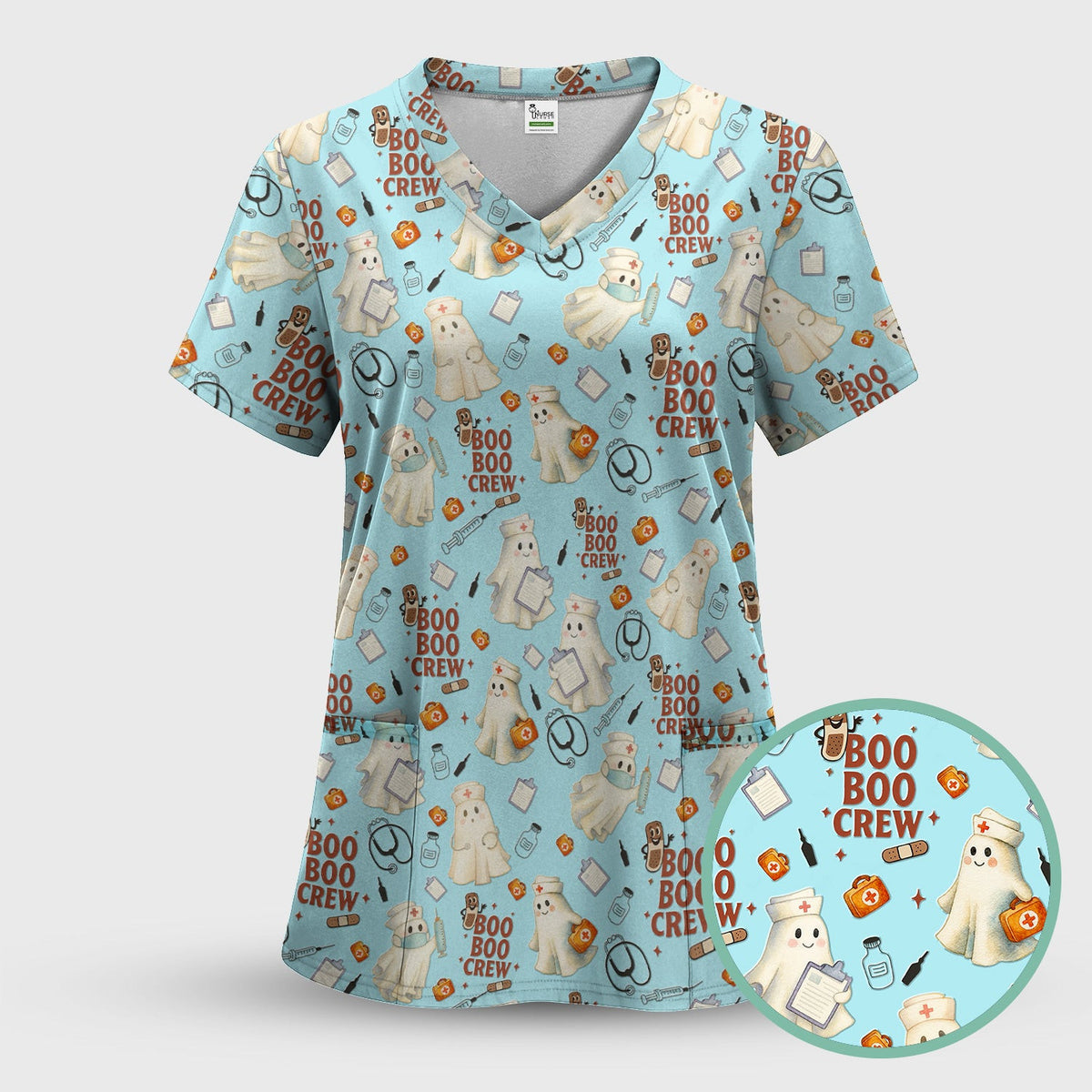 Halloween Nurse Scrub Top for Women - Cute Boo Boo Crew Medical Shirt - Gift for RN LPN CNA Healthcare Staff