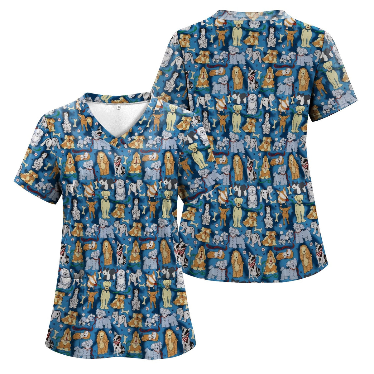 Cute Dog Lover Scrub Top for Nurse - Cartoon Dog Breeds Pattern Design - Gift for RN LPN CNA Women Healthcare Staff