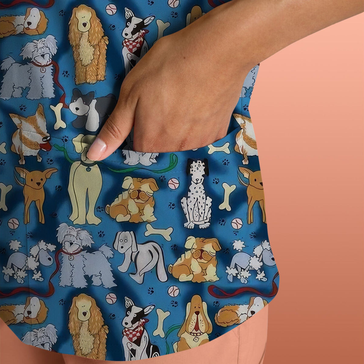 Cute Dog Lover Scrub Top for Nurse - Cartoon Dog Breeds Pattern Design - Gift for RN LPN CNA Women Healthcare Staff