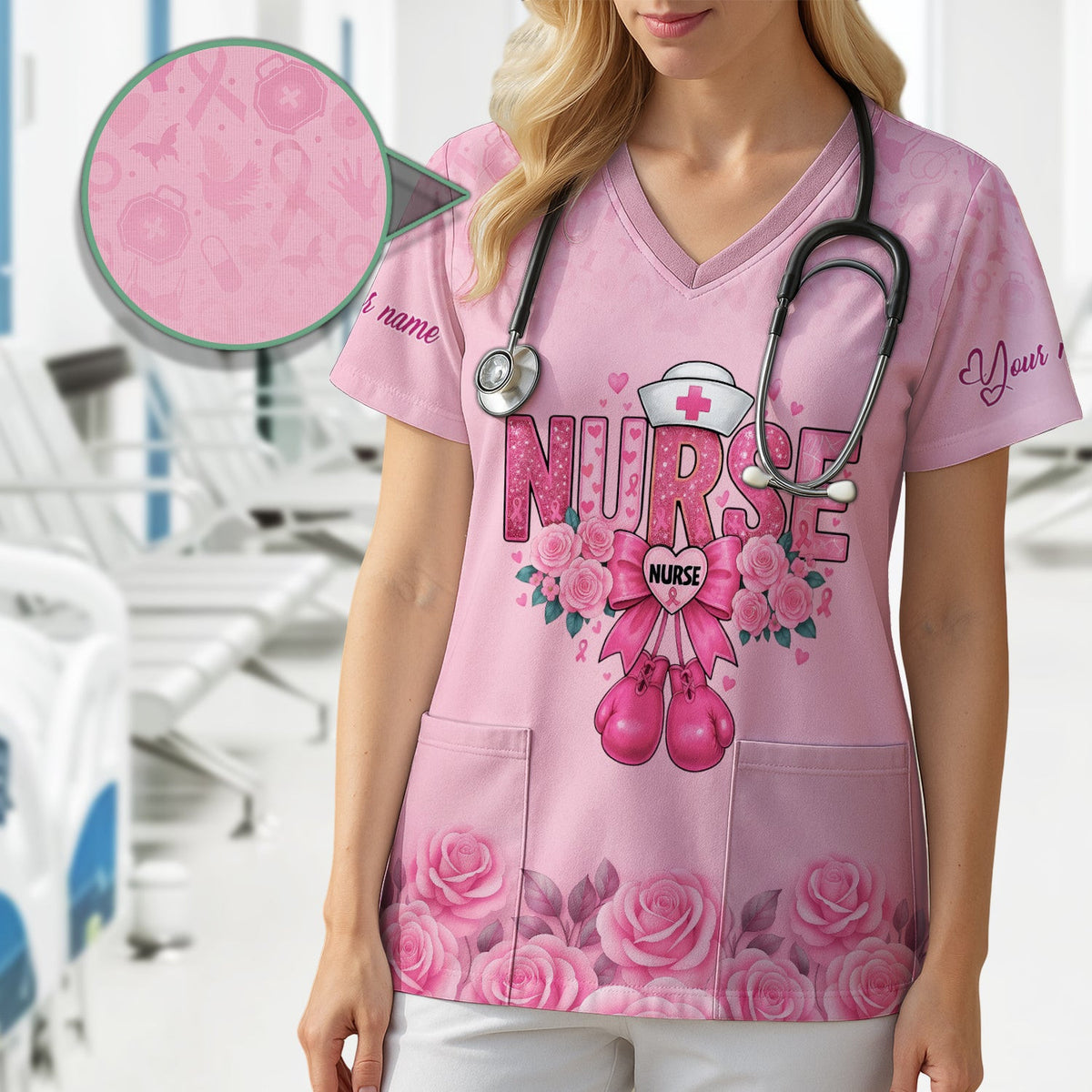 Custom Nurse Breast Cancer Awareness Scrub Top - Pink Boxing Gloves & Rose Floral Design - Gift for RN LPN CNA
