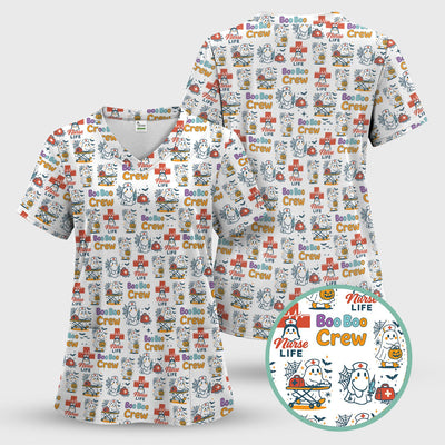 Cute Ghost Nurse Shirt for Halloween - Spooky Boo Boo Crew & Medical Icons Graphic Tee - Gift for ER LPN CNA Nurses