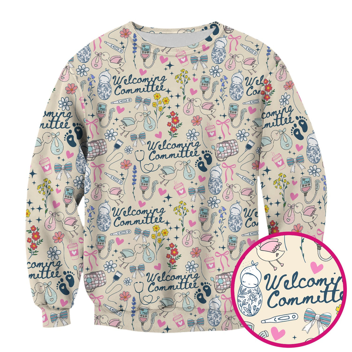 Funny NICU Nurse Tee - Cute Baby Feet & Floral Stork Pattern Graphic - Gift for Women RN LPN