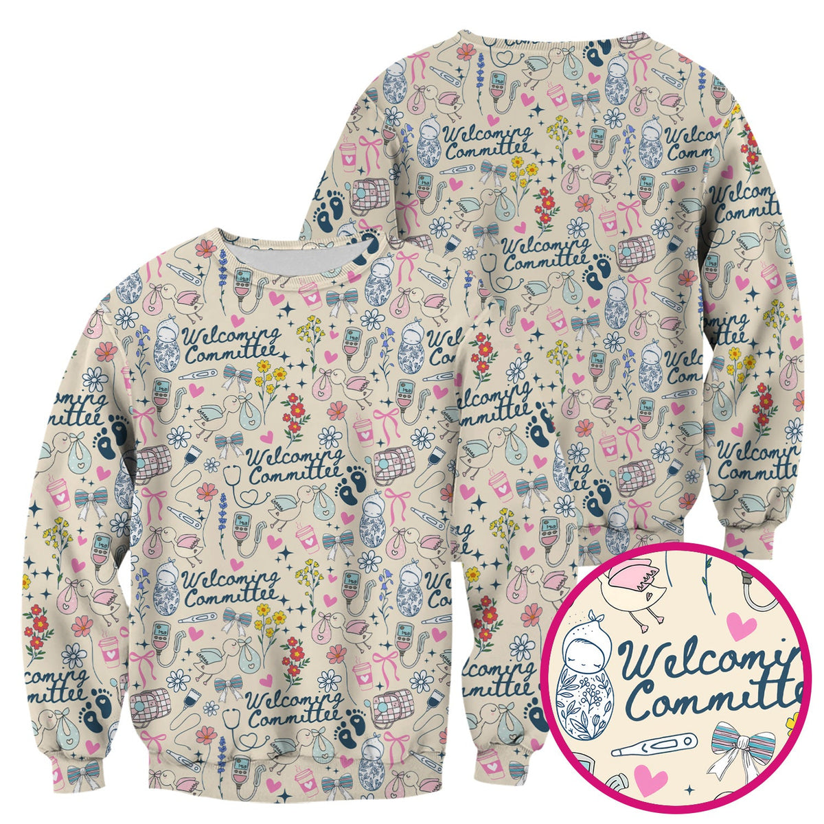 Funny NICU Nurse Tee - Cute Baby Feet & Floral Stork Pattern Graphic - Gift for Women RN LPN