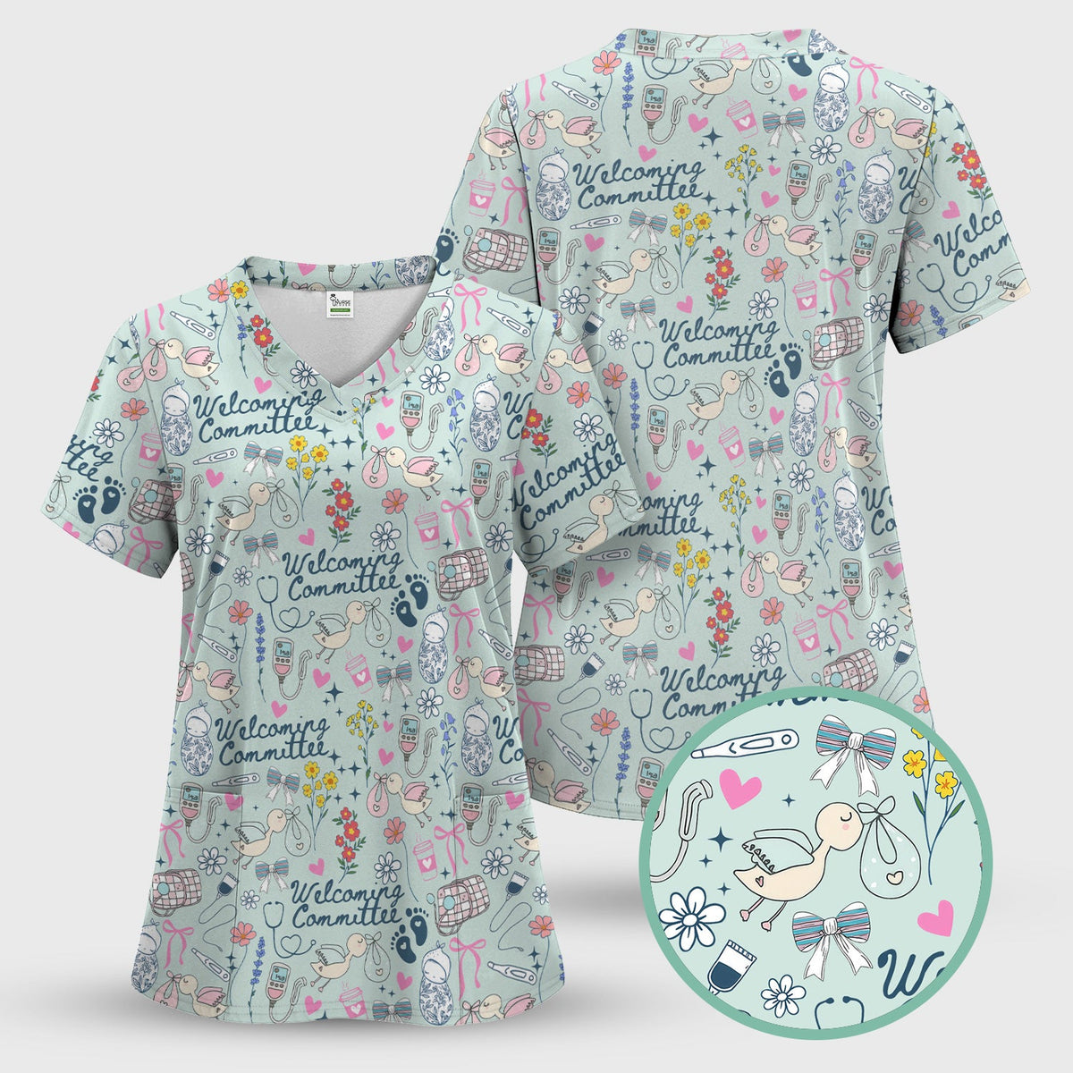 Funny NICU Nurse Tee - Cute Baby Feet & Floral Stork Pattern Graphic - Gift for Women RN LPN
