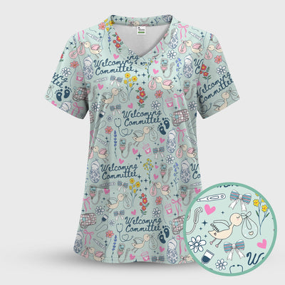 Funny NICU Nurse Tee - Cute Baby Feet & Floral Stork Pattern Graphic - Gift for Women RN LPN