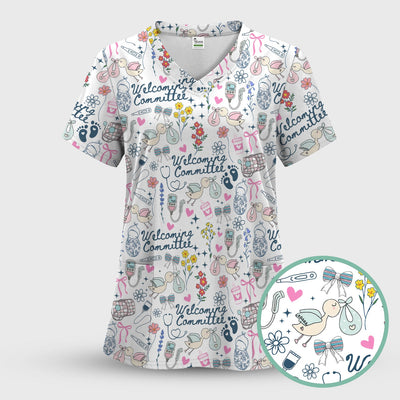 Funny NICU Nurse Tee - Cute Baby Feet & Floral Stork Pattern Graphic - Gift for Women RN LPN