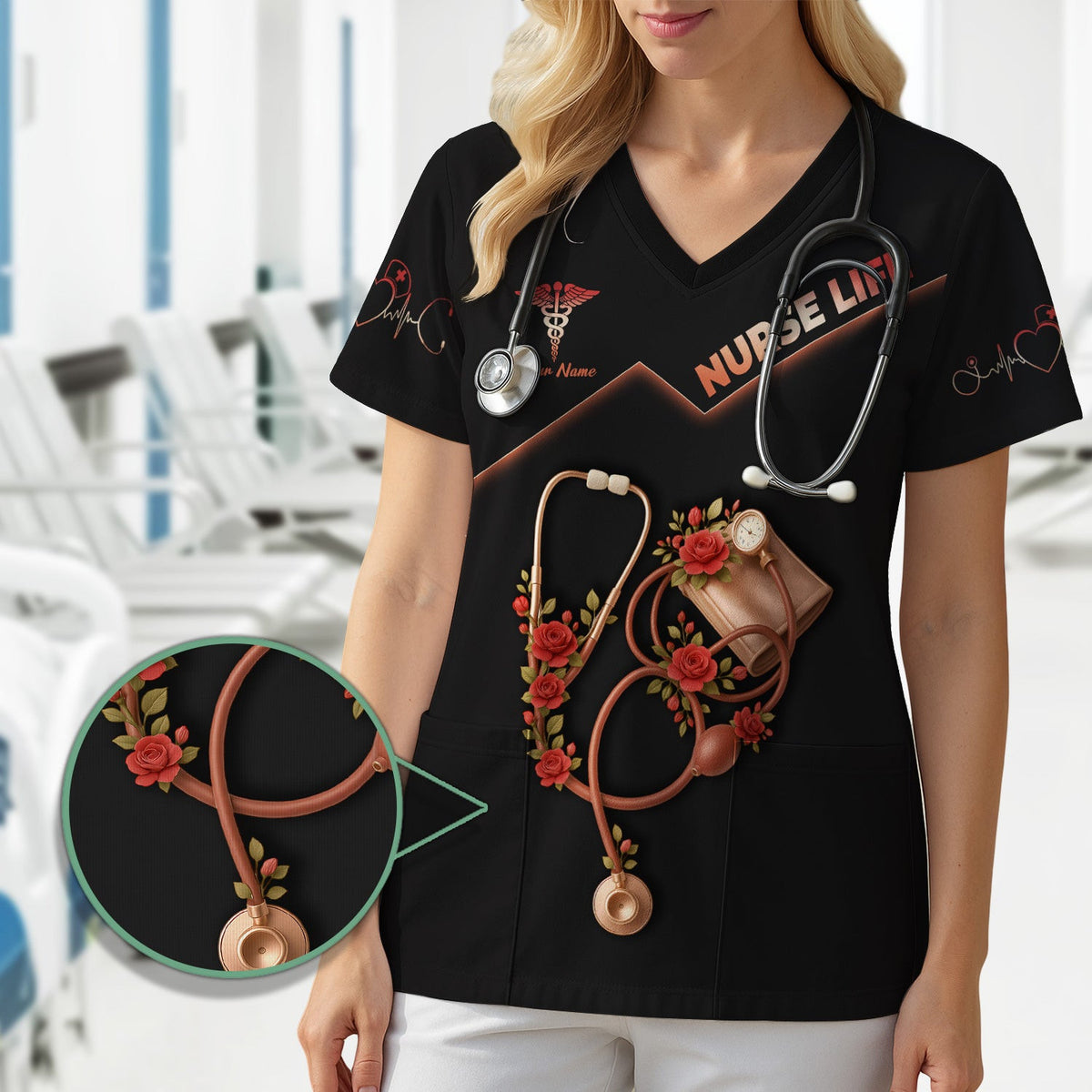 Personalized Nurse Life Scrub Top for Women - Customizable Nursing Scrub Top with Roses and Stethoscope - Gift for RN LPN CNA