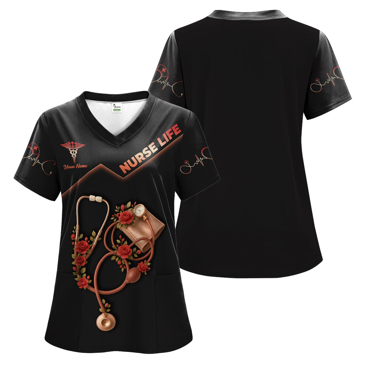 Personalized Nurse Life Scrub Top for Women - Customizable Nursing Scrub Top with Roses and Stethoscope - Gift for RN LPN CNA
