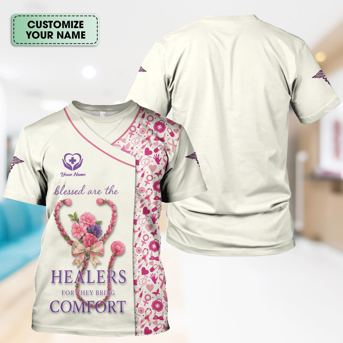 Custom Breast Cancer Awareness Nurse Shirt - Blessed Healers Comfort Quote - Gift for RN LPN CNA