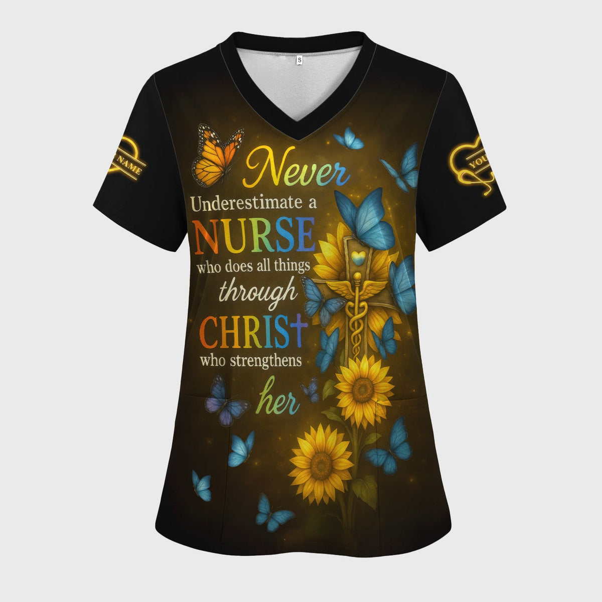 Personalized Christian Nurse Scrub - All Things Through Christ & Butterfly Cross Graphic - Gift for Women RN LPN & Medical Students