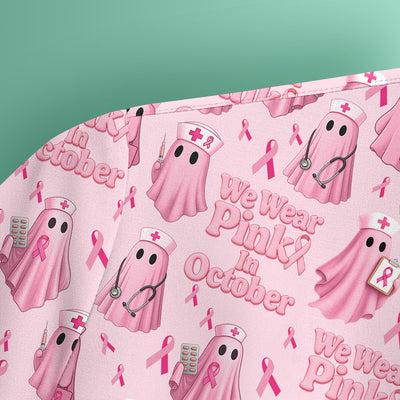Funny Breast Cancer Awareness Scrub Top - We Wear Pink In October & Ghost Nurse Design - Gift for RN LPN CNA