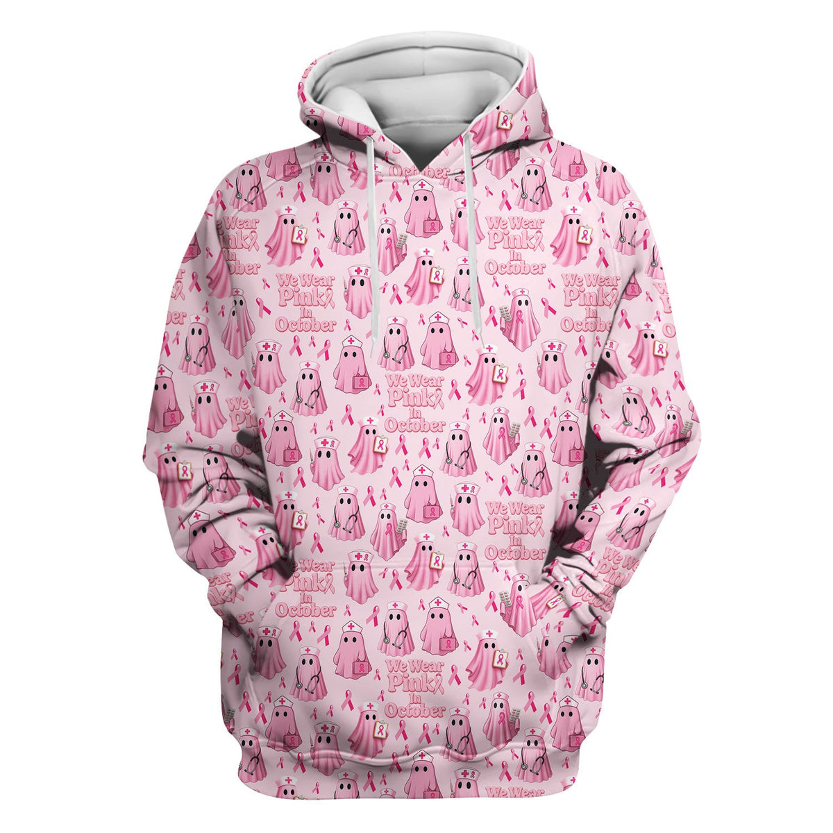 Funny Breast Cancer Awareness Scrub Top - We Wear Pink In October & Ghost Nurse Design - Gift for RN LPN CNA