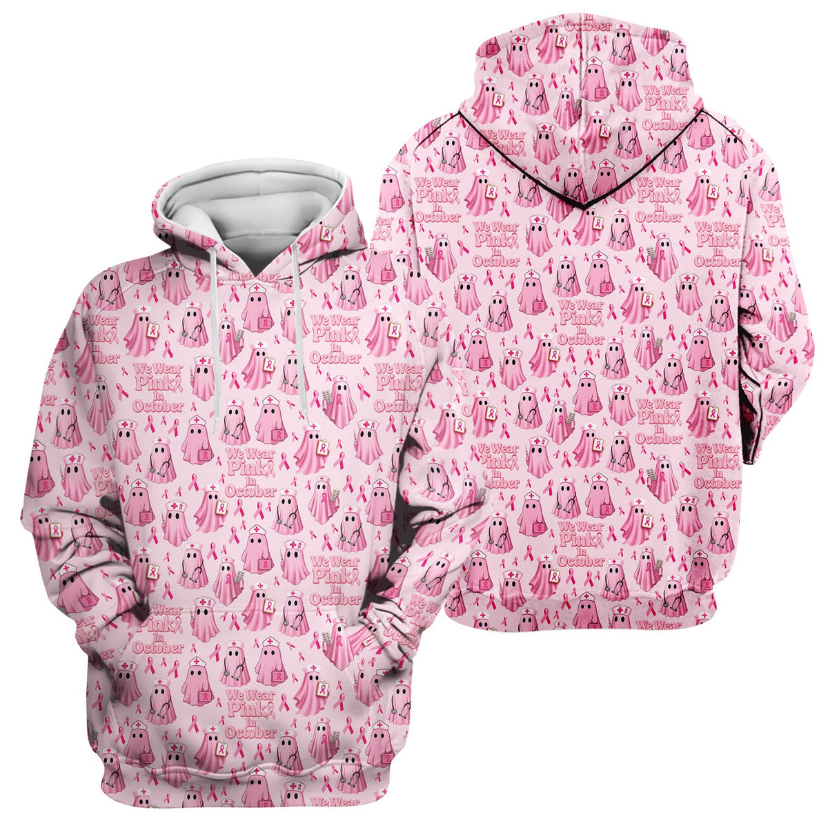 Funny Breast Cancer Awareness Scrub Top - We Wear Pink In October & Ghost Nurse Design - Gift for RN LPN CNA