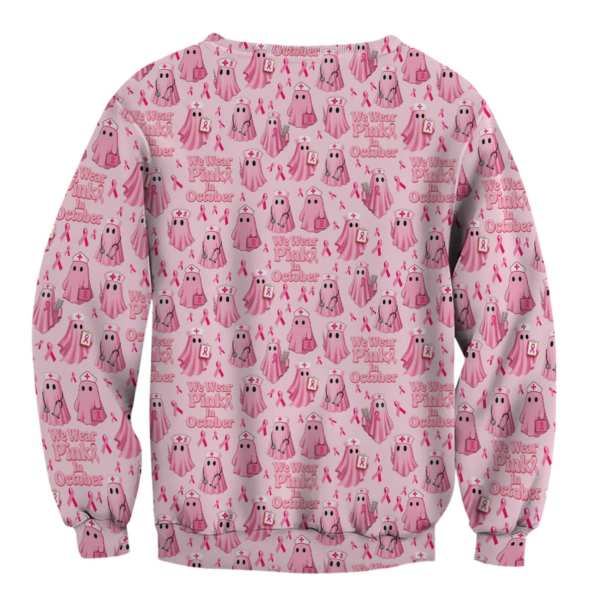 Funny Breast Cancer Awareness Scrub Top - We Wear Pink In October & Ghost Nurse Design - Gift for RN LPN CNA