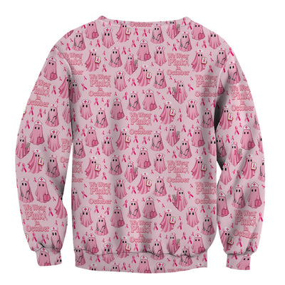 Funny Breast Cancer Awareness Scrub Top - We Wear Pink In October & Ghost Nurse Design - Gift for RN LPN CNA
