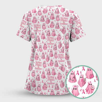 Funny Breast Cancer Awareness Scrub Top - We Wear Pink In October & Ghost Nurse Design - Gift for RN LPN CNA