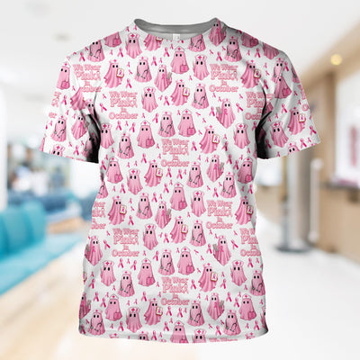 Funny Breast Cancer Awareness Scrub Top - We Wear Pink In October & Ghost Nurse Design - Gift for RN LPN CNA