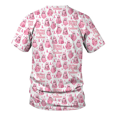 Funny Breast Cancer Awareness Scrub Top - We Wear Pink In October & Ghost Nurse Design - Gift for RN LPN CNA