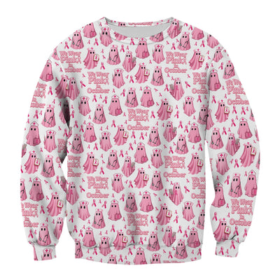 Funny Breast Cancer Awareness Scrub Top - We Wear Pink In October & Ghost Nurse Design - Gift for RN LPN CNA