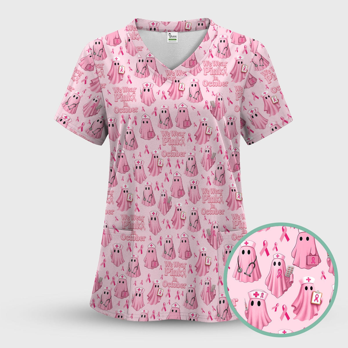 Funny Breast Cancer Awareness Scrub Top - We Wear Pink In October & Ghost Nurse Design - Gift for RN LPN CNA