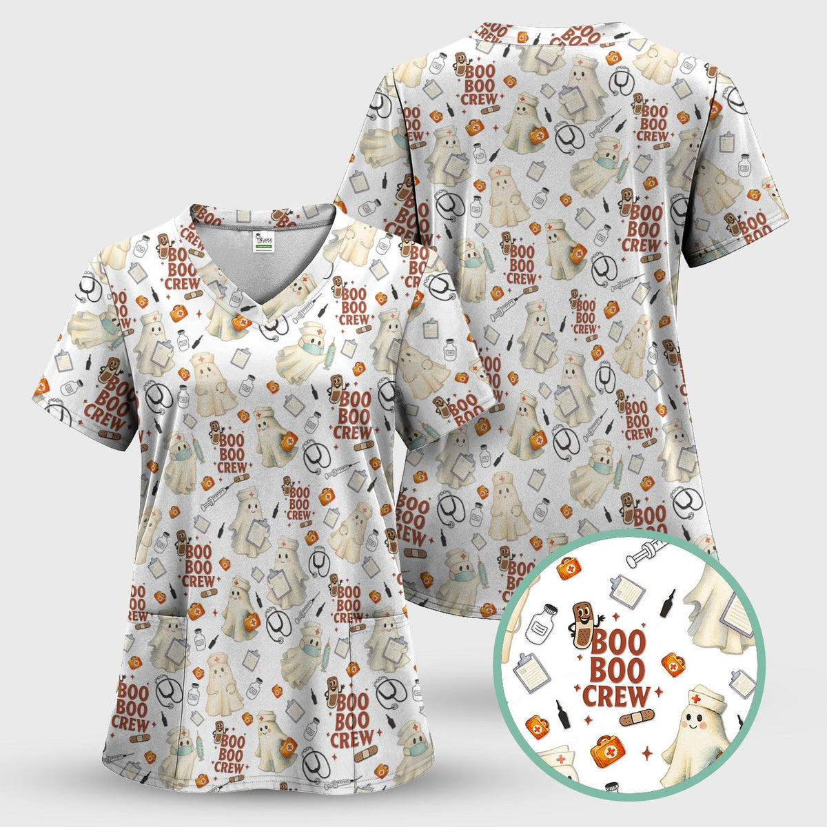 Cute Halloween Nurse Scrub Boo Boo Crew - Funny Ghost Medical Top for Women - Gift for RN LPN CNA