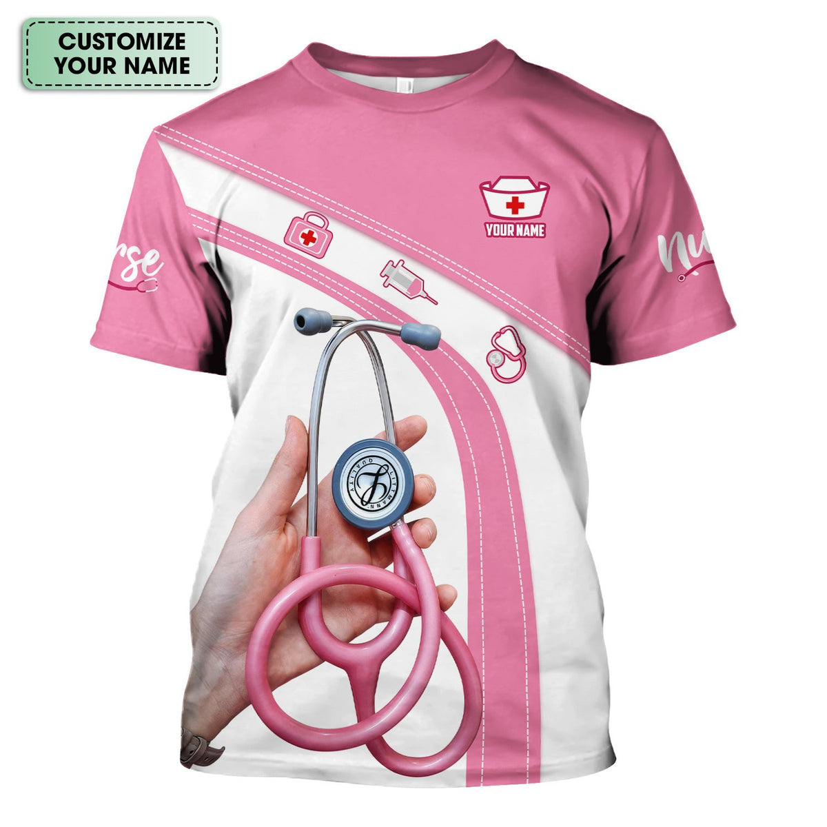 Custom Name Pink Nurse Shirt - Cute Stethoscope Gift for Female RN LPN CNA - Appreciation Week Medical Tee