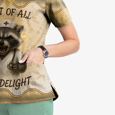 Funny Raccoon Nurse Scrub Top - First Of All I'm A Delight Quote - Personalized Gift for Women RN CNA LPN - Custom Name Medical Uniform for Healthcare Workers