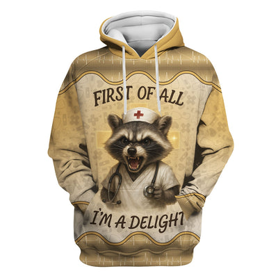 Funny Raccoon Nurse Scrub Top - First Of All I'm A Delight Quote - Personalized Gift for Women RN CNA LPN - Custom Name Medical Uniform for Healthcare Workers