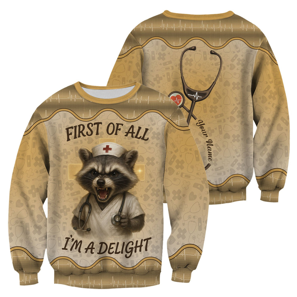Funny Raccoon Nurse Scrub Top - First Of All I'm A Delight Quote - Personalized Gift for Women RN CNA LPN - Custom Name Medical Uniform for Healthcare Workers