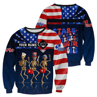 Personalized 4th of July Nurse Scrub Top - Funny Skeleton Scrubs for Women RN CNA LPN - Custom Name Medical Uniform Gift for Healthcare Workers USA Pride