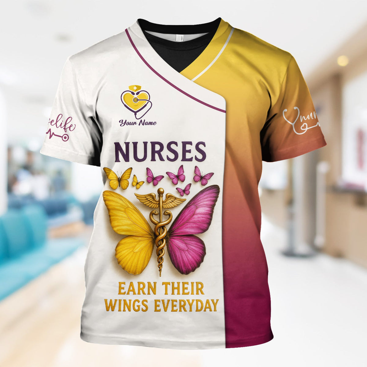 Personalized Butterfly Nurse Shirt - Nurses Earn Their Wings Everyday - Custom RN LPN CNA Uniform Top Gift for Women